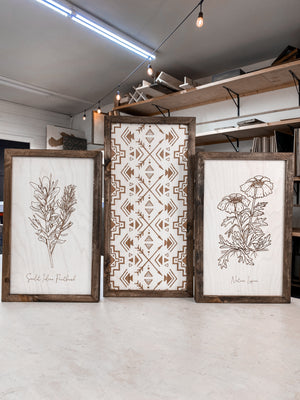 Hand Sketched Oregon Flowers Native Lupine, Scarlet Indian & Aztec Arrows Wood Artwork