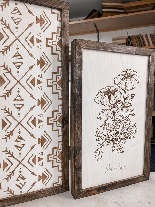 Hand Sketched Oregon Flowers Native Lupine, Scarlet Indian & Aztec Arrows Wood Artwork