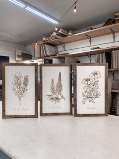 Oregon Flowers Hand Sketched Three Piece Wooden Artwork Set