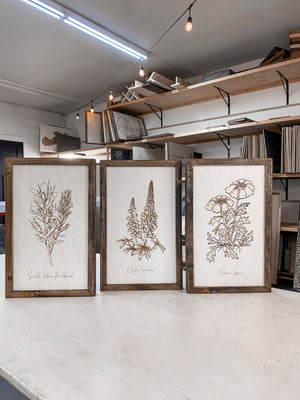 Oregon Flowers Hand Sketched Three Piece Wooden Artwork Set