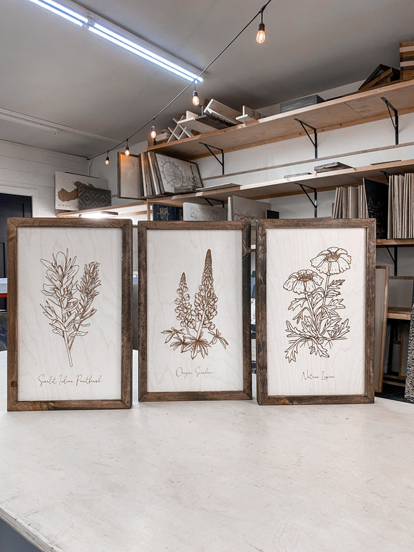 Oregon Flowers Hand Sketched Three Piece Wooden Artwork Set