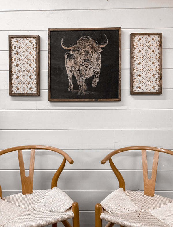 3 Piece Hand Sketched Buffalo & Aztec Wood Artwork