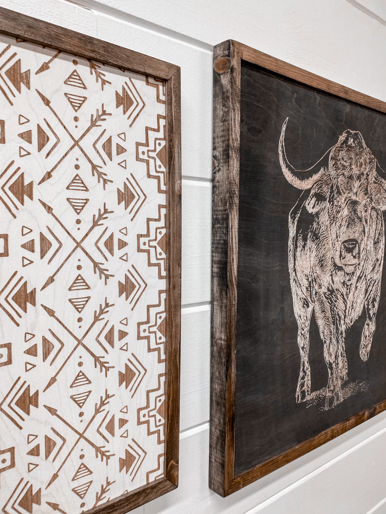 3 Piece Hand Sketched Buffalo & Aztec Wood Artwork