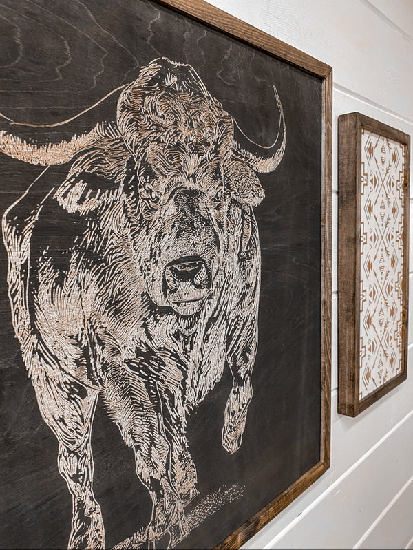3 Piece Hand Sketched Buffalo & Aztec Wood Artwork