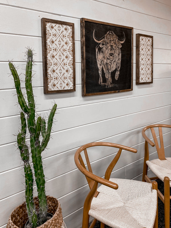 3 Piece Hand Sketched Buffalo & Aztec Wood Artwork