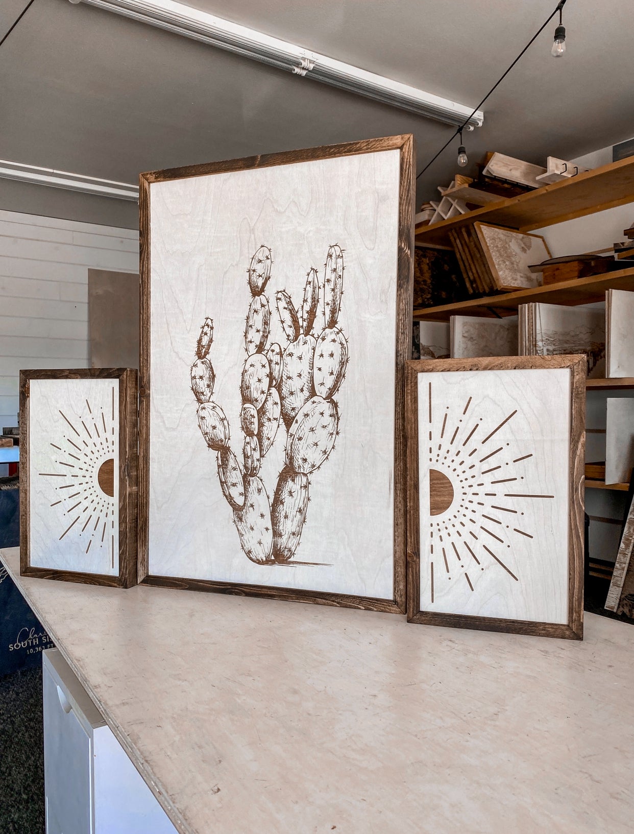 Cactus & Aztec Wood Wall Art | 3 Piece Art Set | Cactus Wall Decor