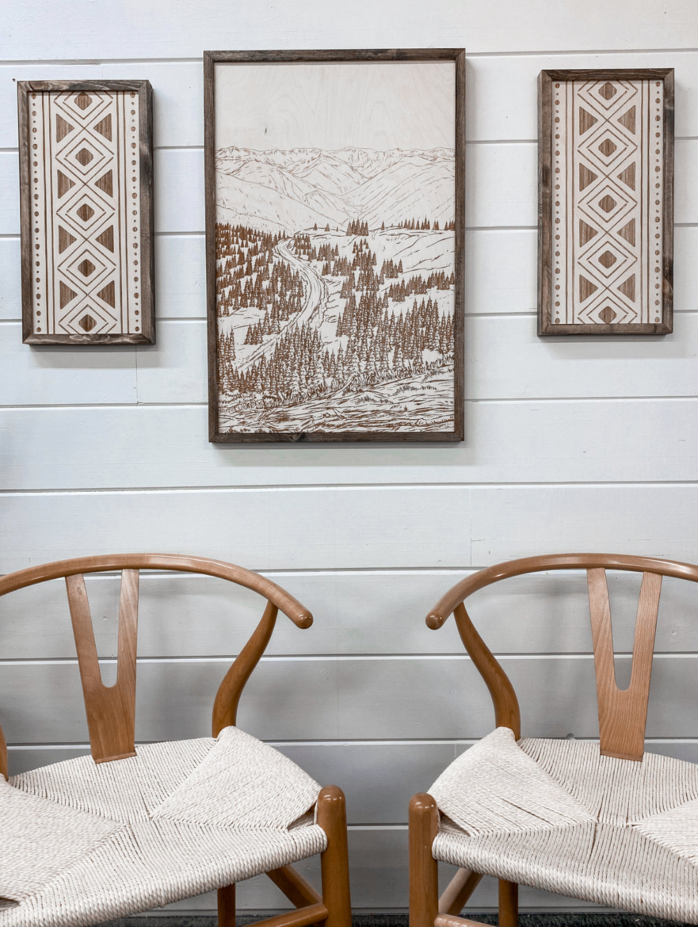3 Piece Hand Sketched Hurricane Ridge Olympic National Park with Aztec Wood Artwork