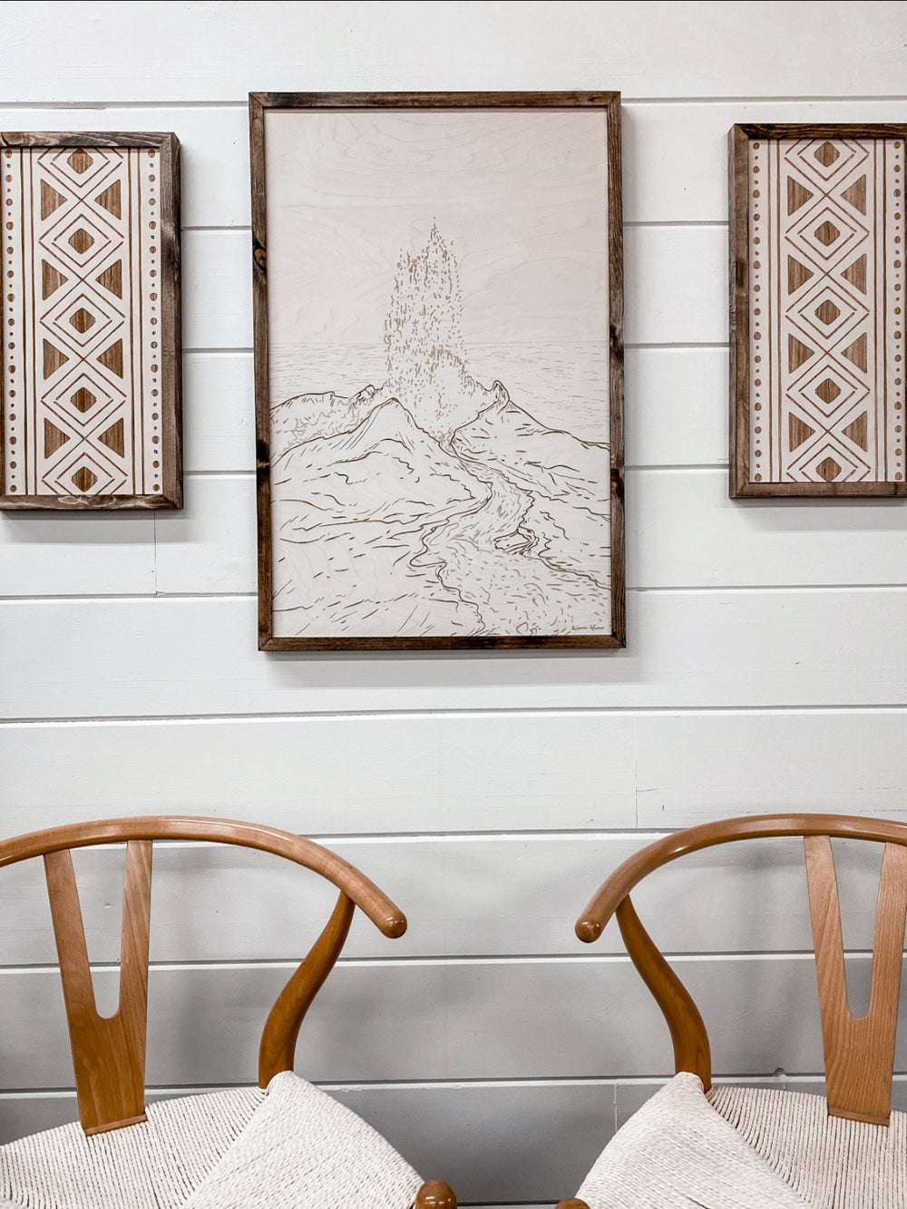 3 Piece Hand Sketched Kilauea Volcano with Aztec Wood Artwork