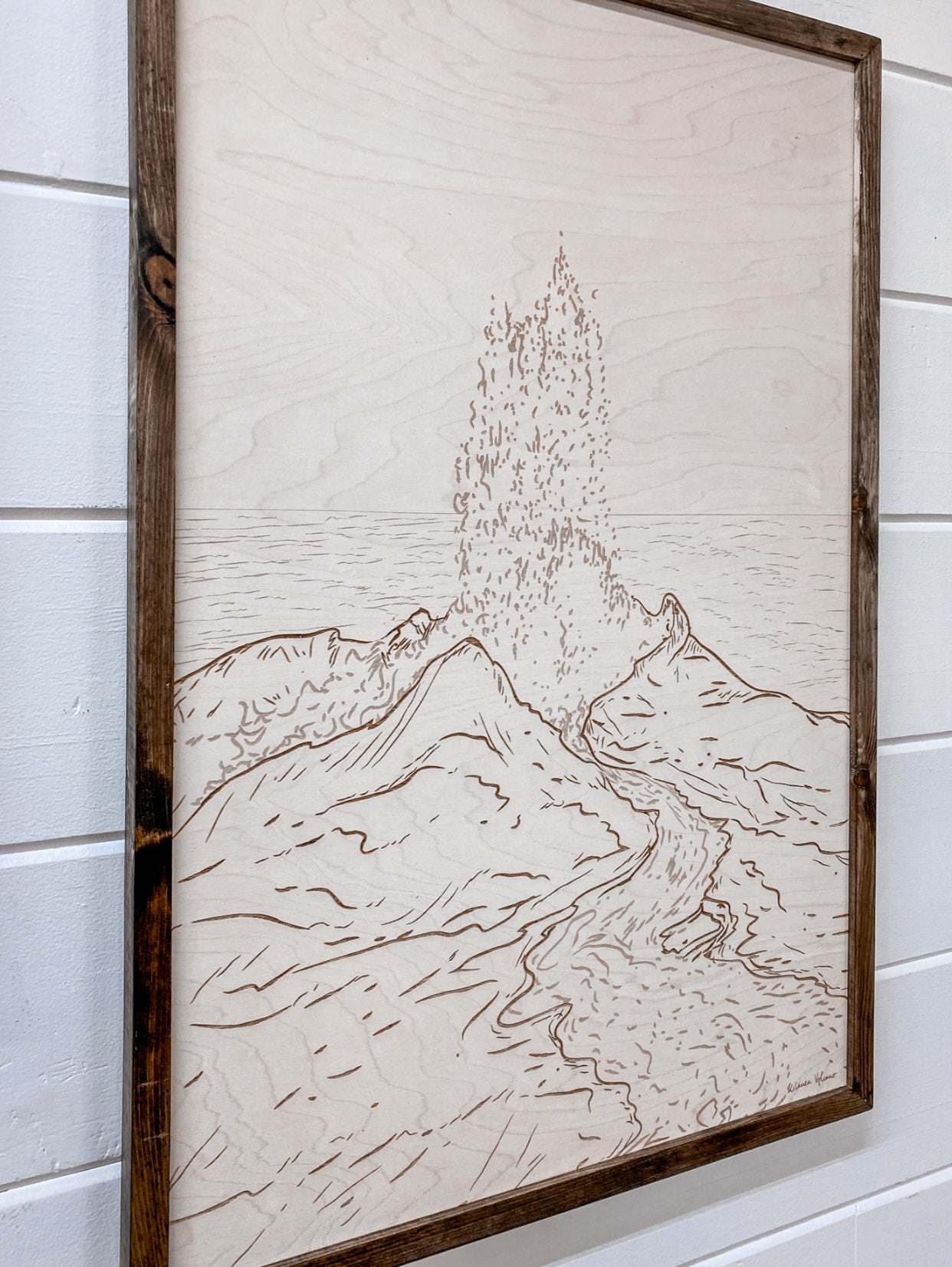 3 Piece Hand Sketched Kilauea Volcano with Aztec Wood Artwork
