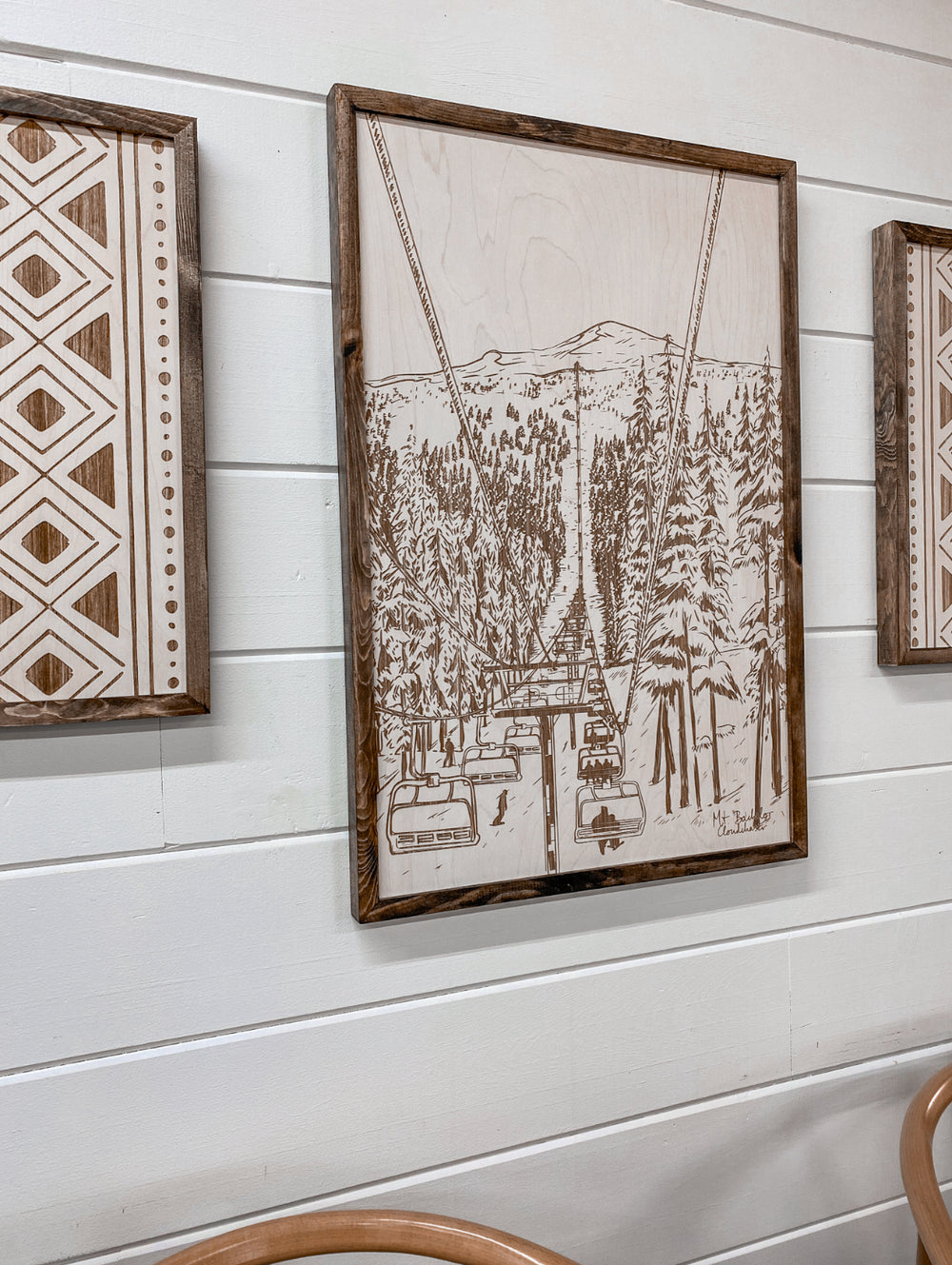 3 Piece Hand Sketched Mt. Bachelor Cloud Chaser with Bold Aztec Wood Artwork