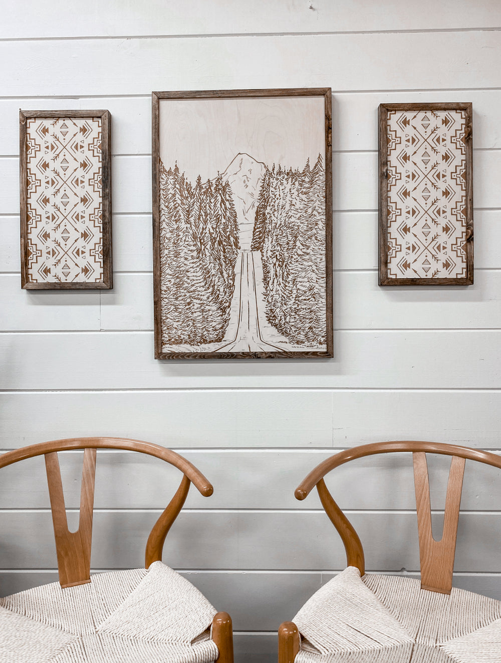 3 Piece Hand Sketched Mt. Hood Forest Road with Aztec Wood Artwork