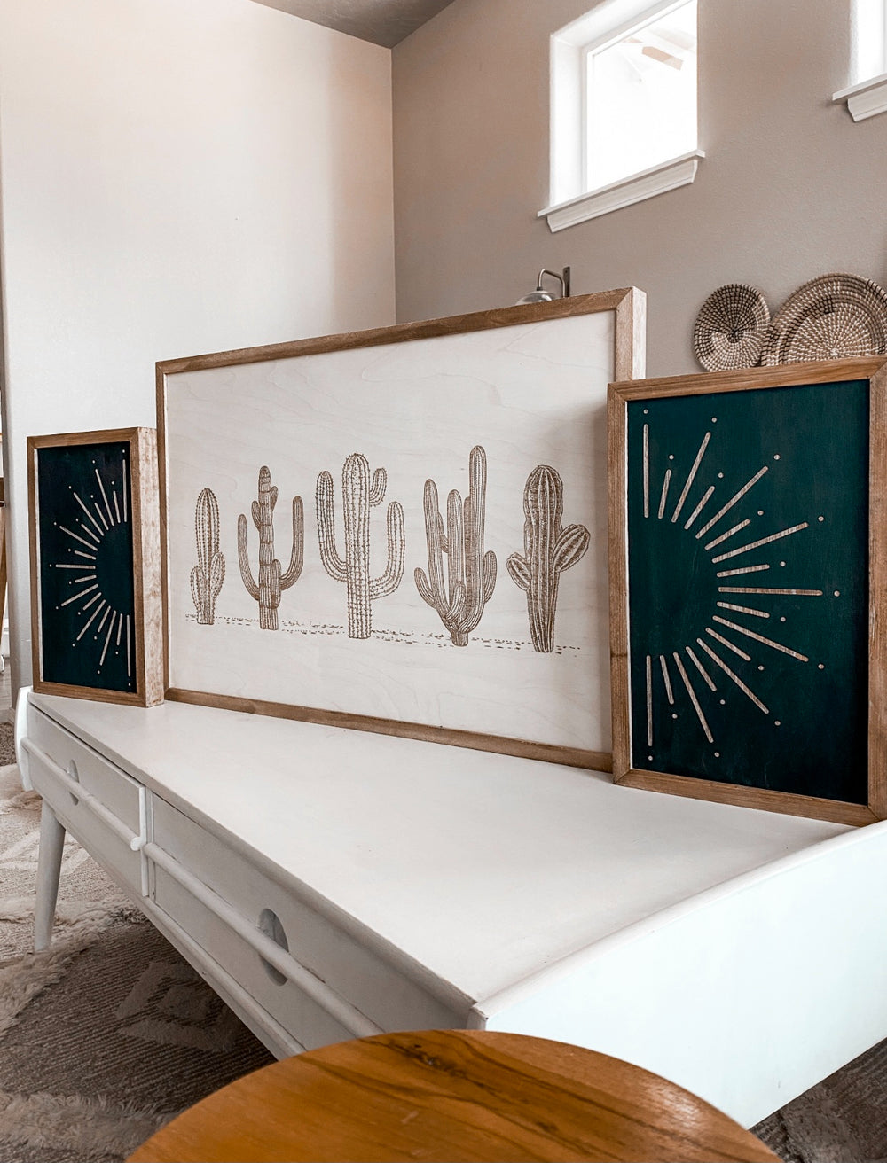 3 Piece Hand Sketched Cactus & Sun Wood Artwork | Boho Cactus Decor