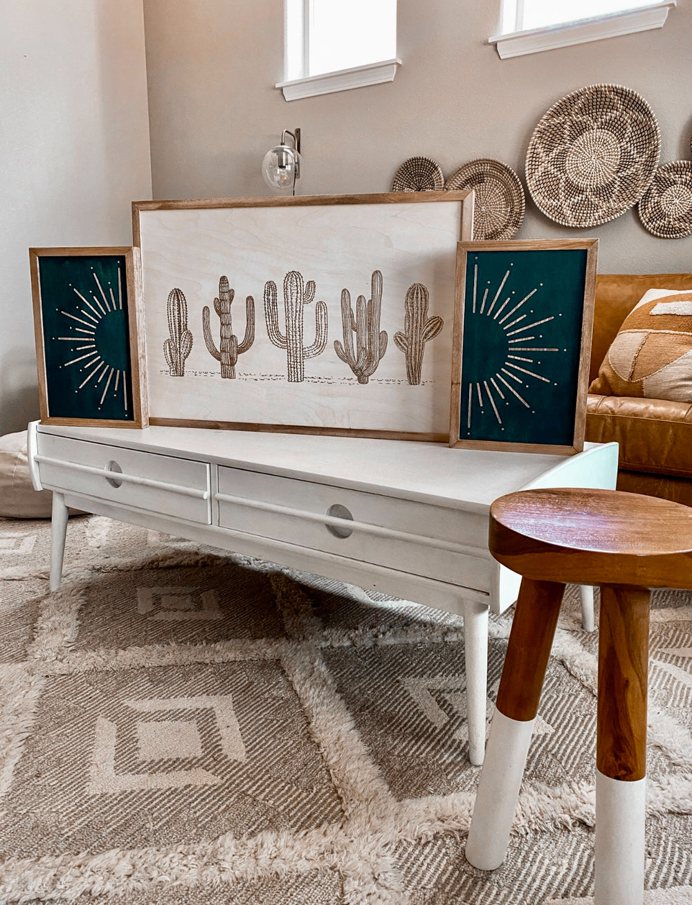 3 Piece Hand Sketched Cactus & Sun Wood Artwork | Boho Cactus Decor