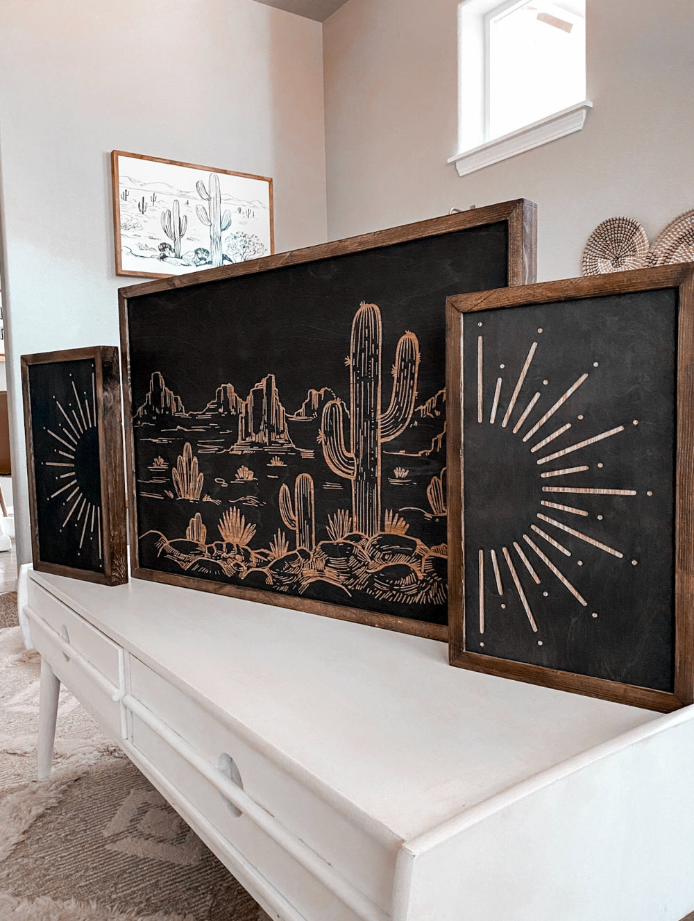 3 Piece Hand Sketched Cactus & Sun Wood Artwork | Boho Cactus Decor