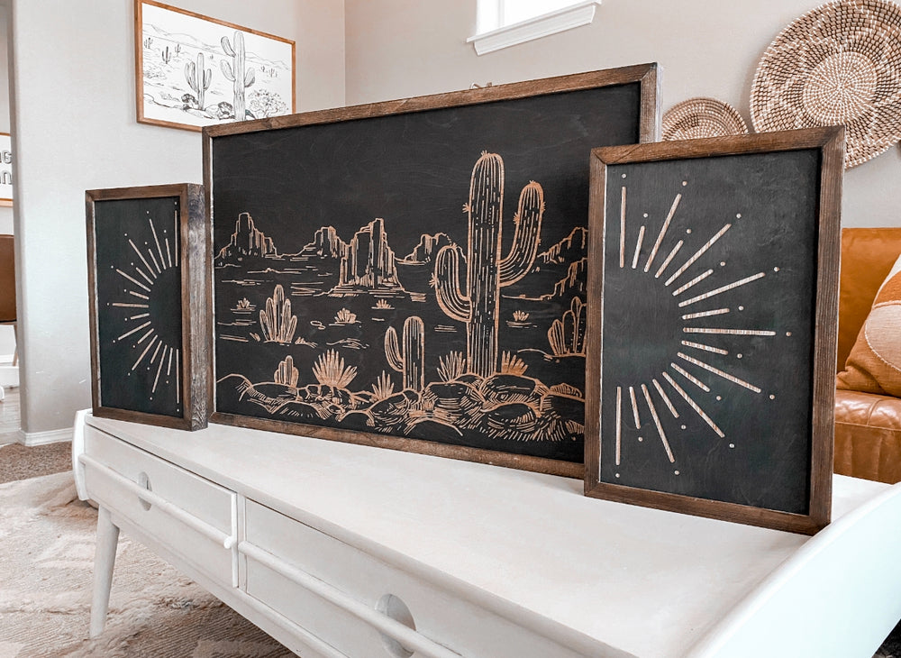 3 Piece Hand Sketched Cactus & Sun Wood Artwork | Boho Cactus Decor