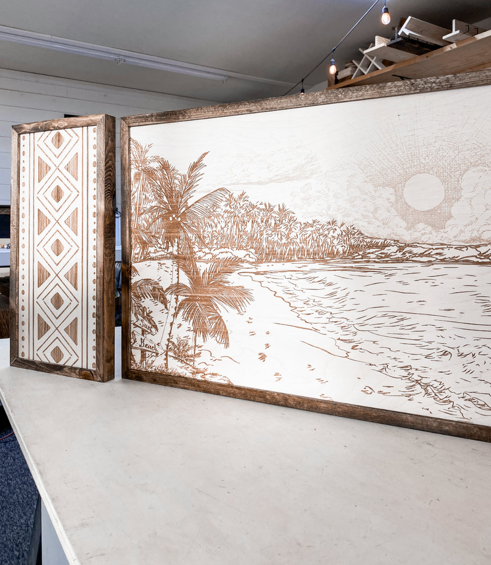 3 Piece Hand Sketched Punalu'u Beach with Bold Aztec Wood Artwork