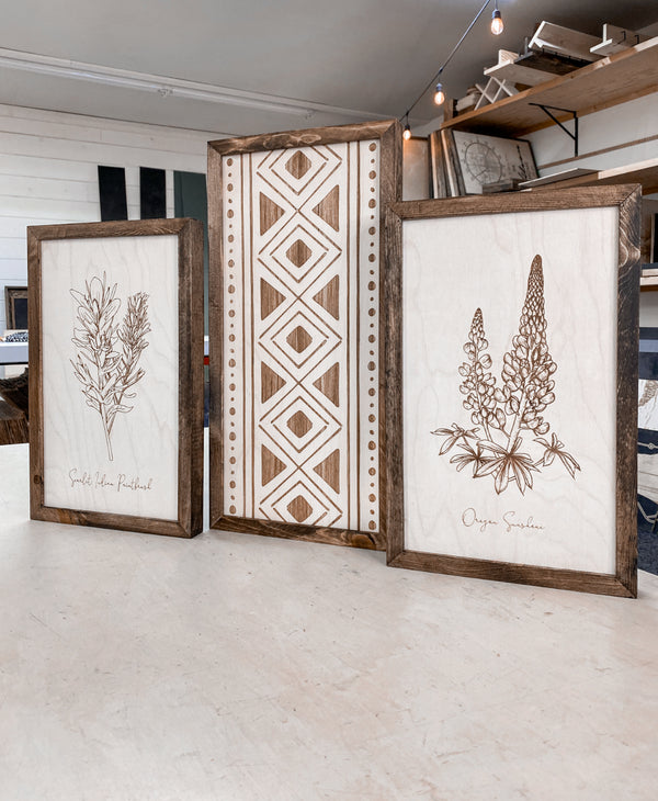 Hand Sketched Oregon Flowers Wood Artwork