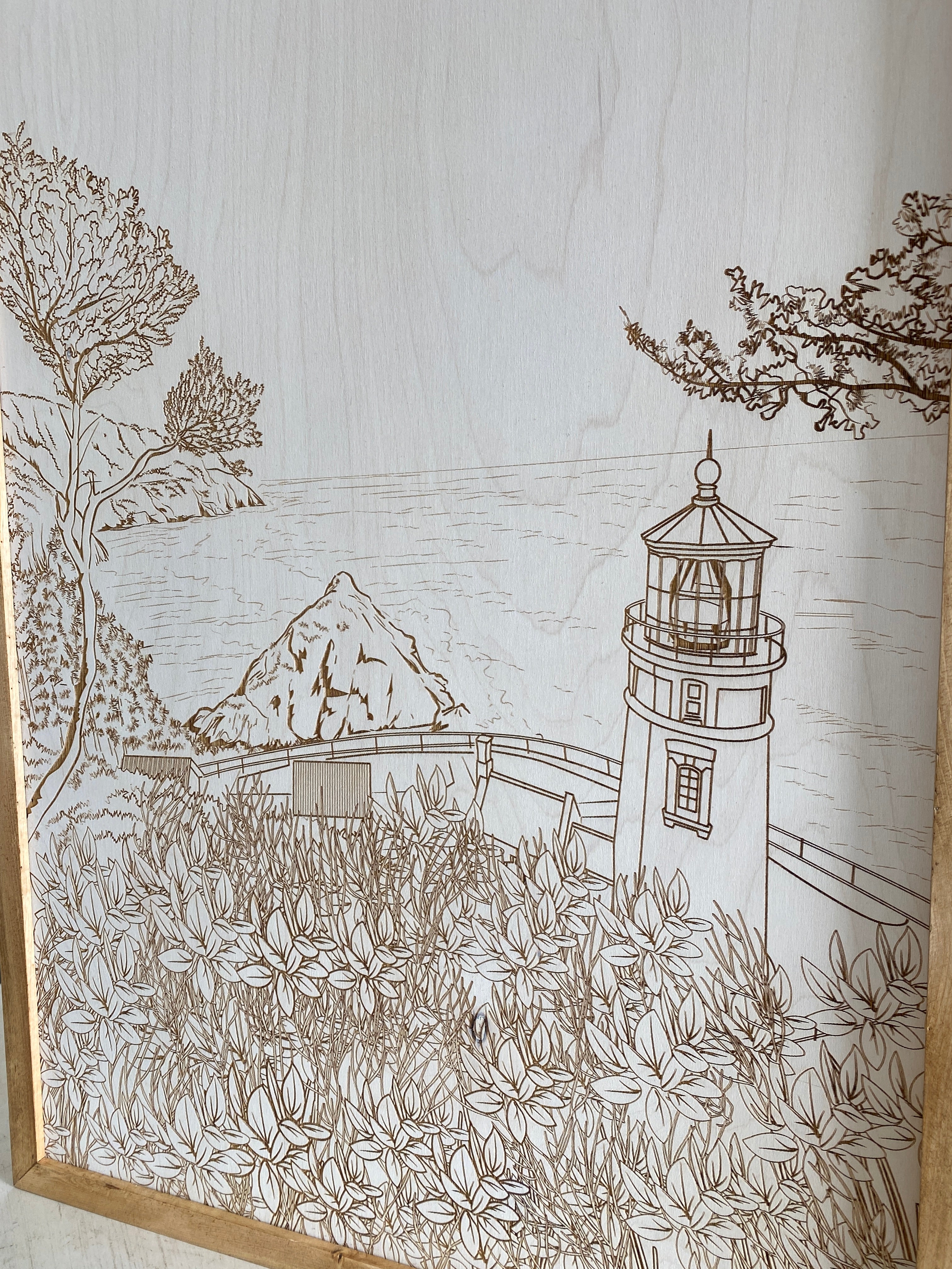 Hand Sketched Heceta Head Lighthouse Oregon Wood Artwork