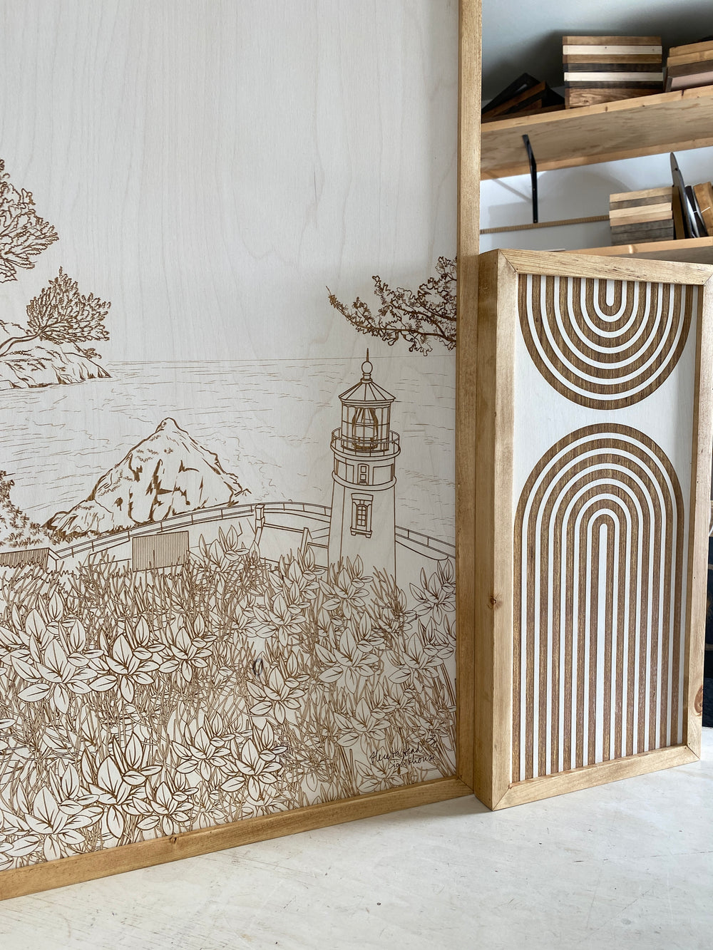 3 Piece Hand Sketched Heceta Head Lighthouse Oregon Wood Artwork with Boho