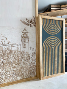 3 Piece Hand Sketched Heceta Head Lighthouse Oregon Wood Artwork with Boho