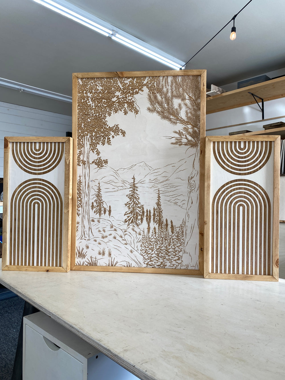 3 Piece Hand Sketched Diablo Lake Washington Wood Artwork with Boho
