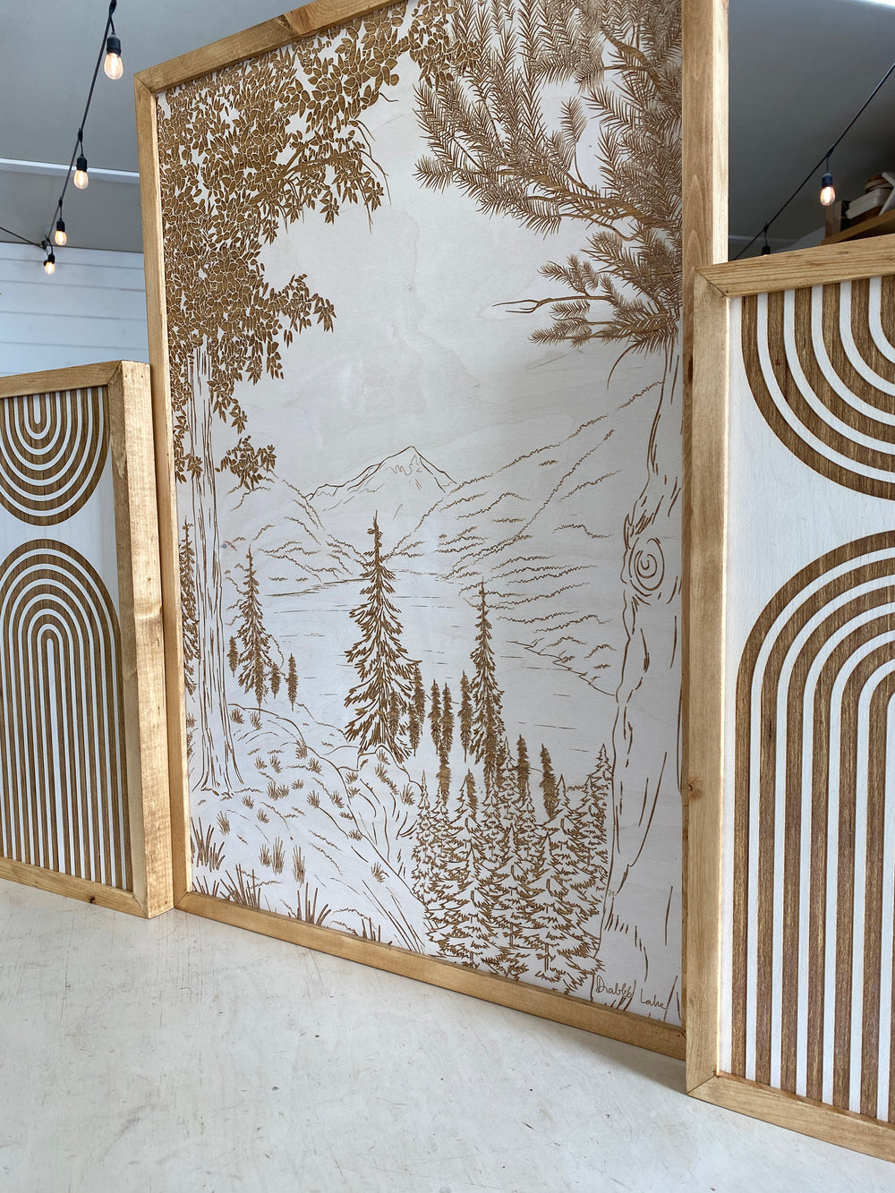3 Piece Hand Sketched Diablo Lake Washington Wood Artwork with Boho