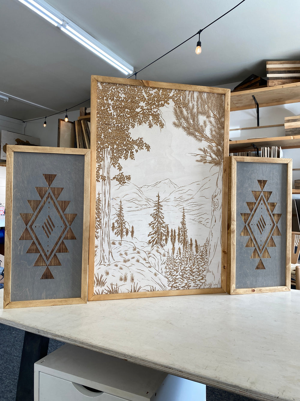 3 Piece Hand Sketched Diablo Lake Washington Wood Artwork with Aztec Diamond