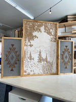 Load image into Gallery viewer, 3 Piece Hand Sketched Diablo Lake Washington Wood Artwork with Aztec Diamond

