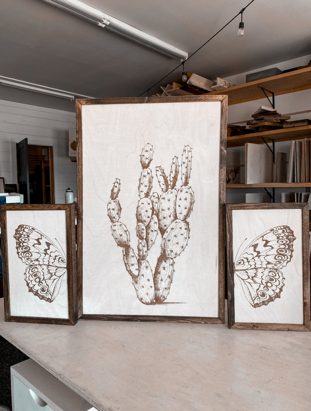 Cactus & Butterfly Wood Wall Art | 3 Piece Art Set | Cactus Wall Decor