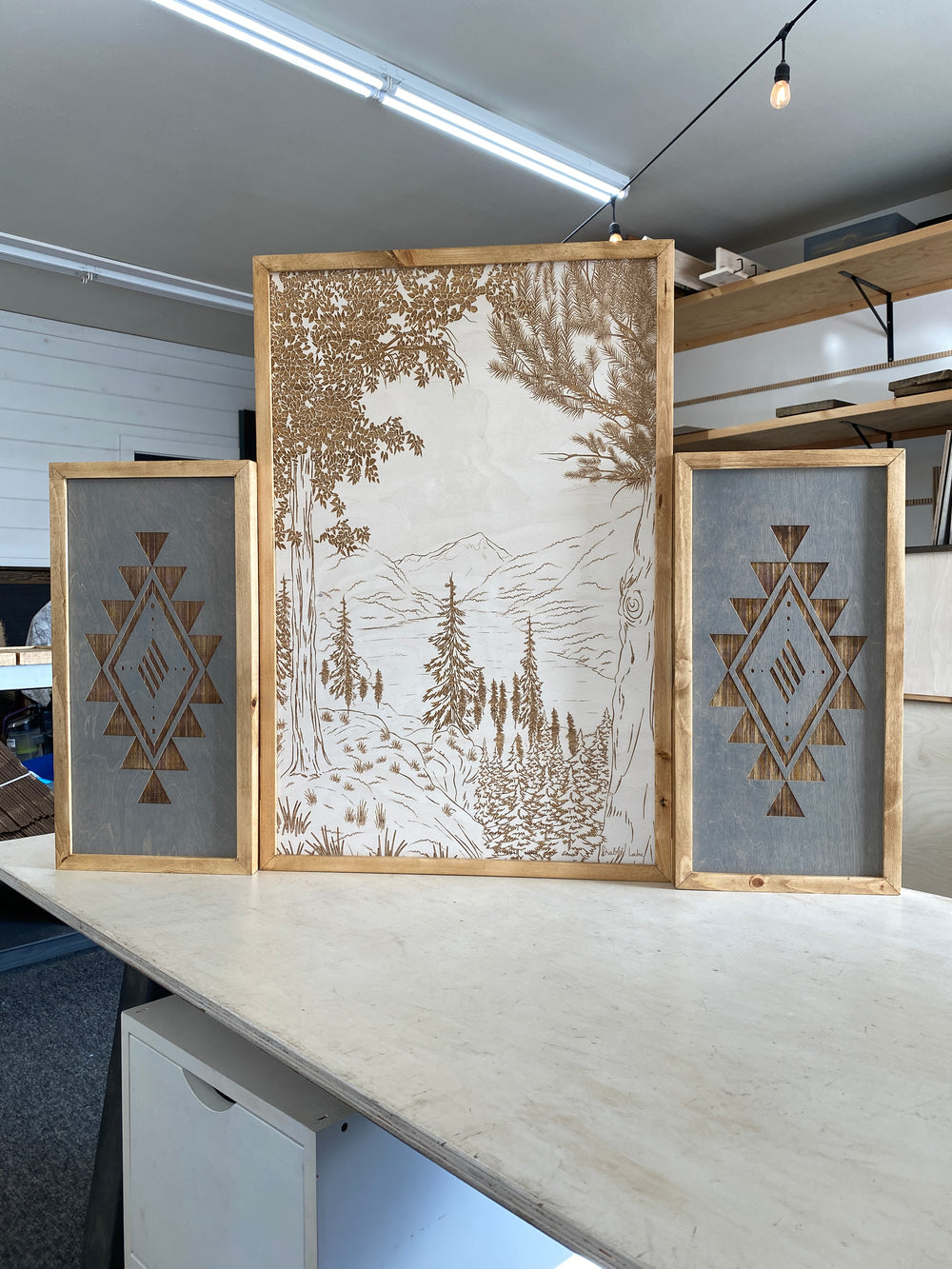 3 Piece Hand Sketched Diablo Lake Washington Wood Artwork with Aztec Diamond