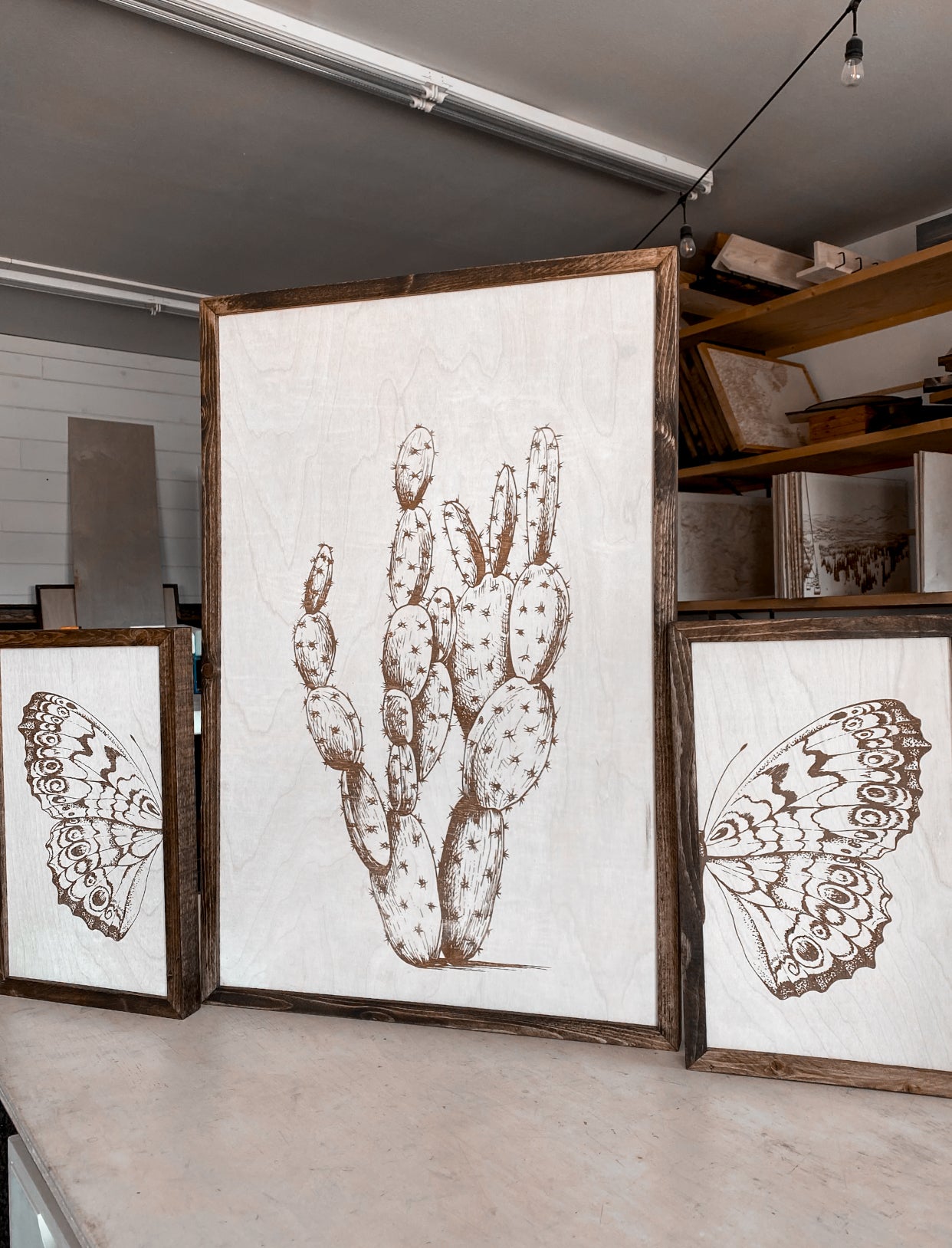 Cactus & Butterfly Wood Wall Art | 3 Piece Art Set | Cactus Wall Decor
