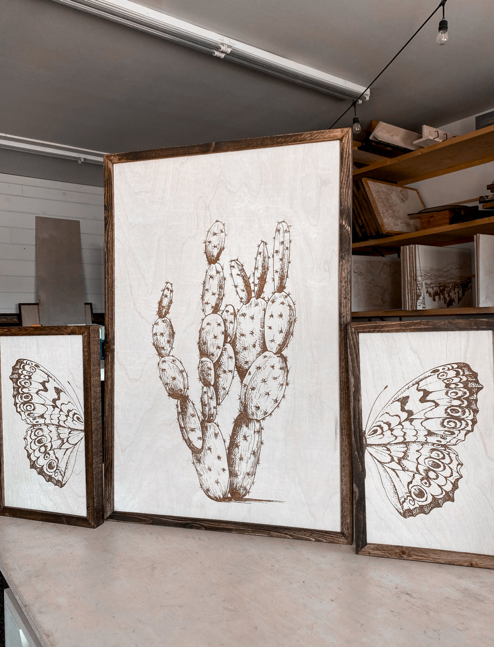 Cactus & Butterfly Wood Wall Art | 3 Piece Art Set | Cactus Wall Decor