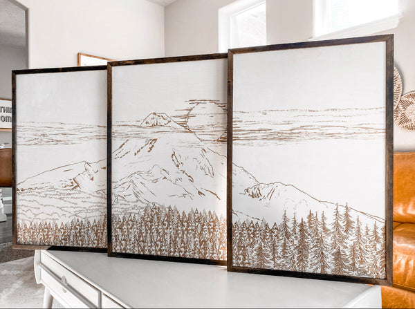 Mount Hood Hand Sketched Three Piece Wooden Artwork Set