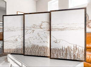 Mount Hood Hand Sketched Three Piece Wooden Artwork Set (Junction Coffee)