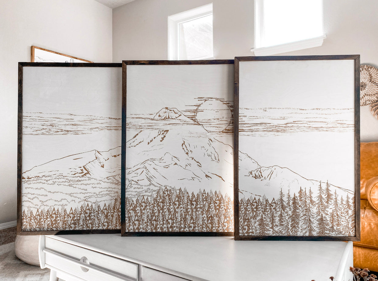 Mount Hood Hand Sketched Three Piece Wooden Artwork Set (Junction Coffee)