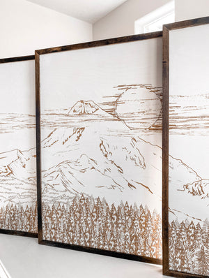 Mount Hood Hand Sketched Three Piece Wooden Artwork Set