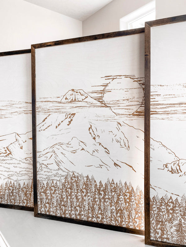 Mount Hood Hand Sketched Three Piece Wooden Artwork Set