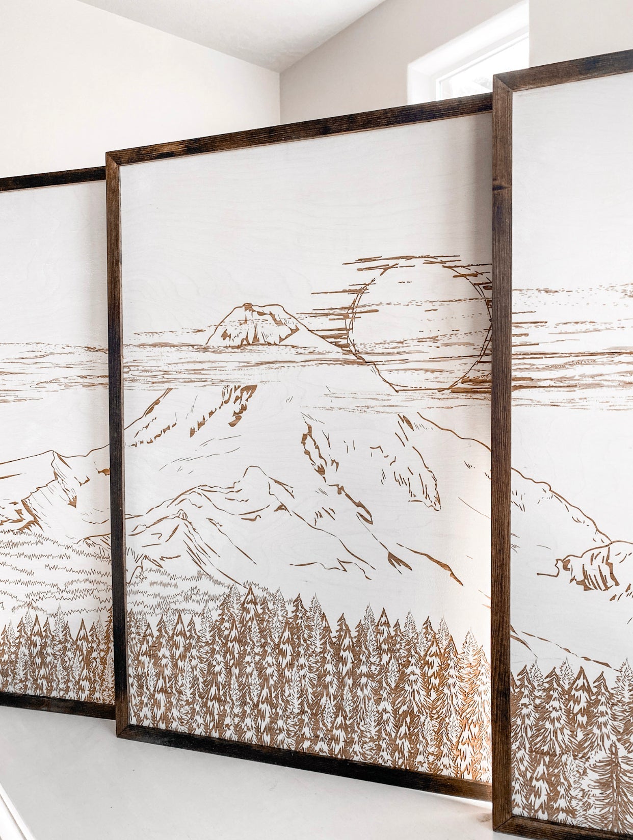 Mount Hood Hand Sketched Three Piece Wooden Artwork Set (Junction Coffee)