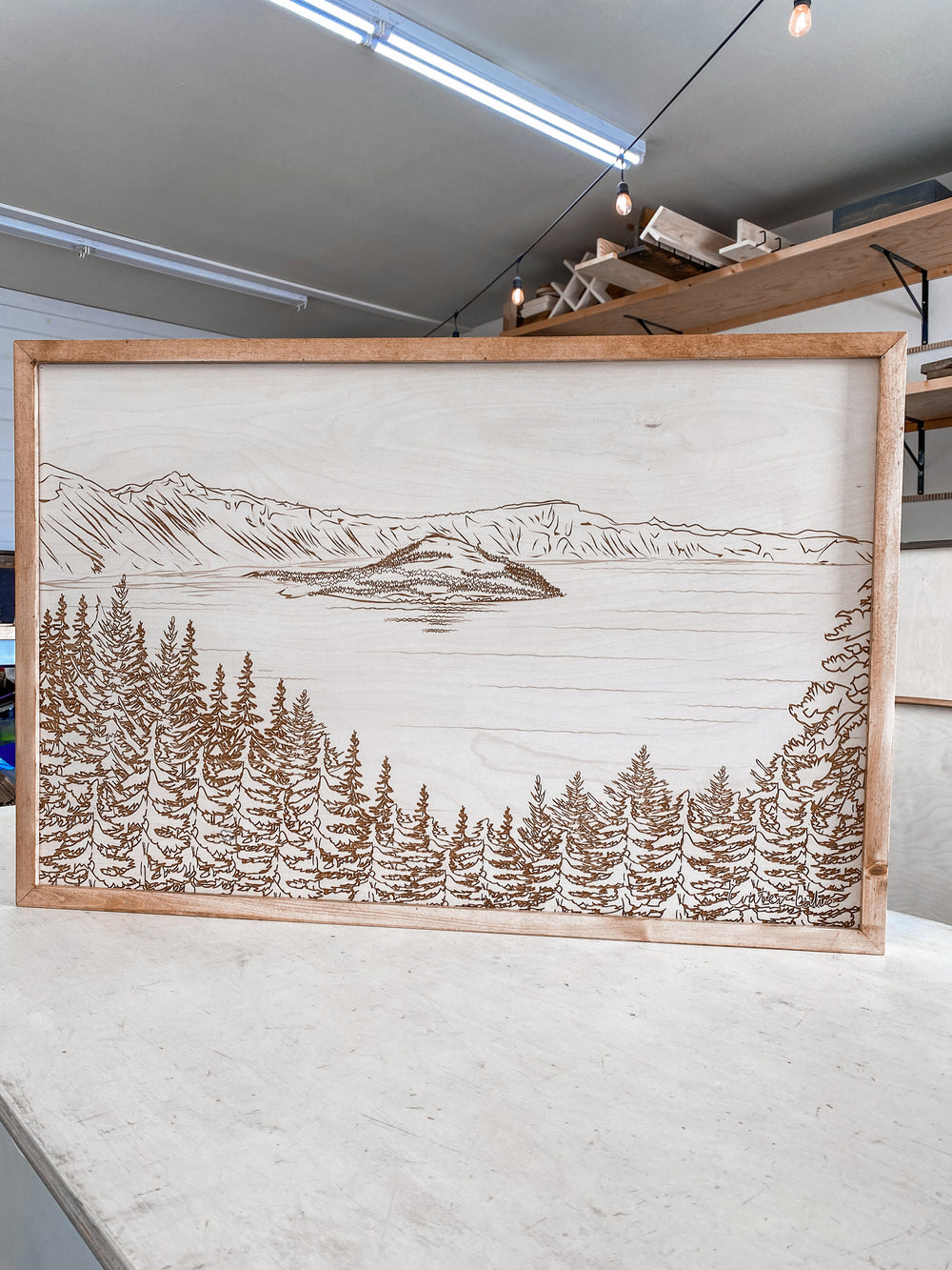 Hand Sketched Crater Lake Wood Artwork