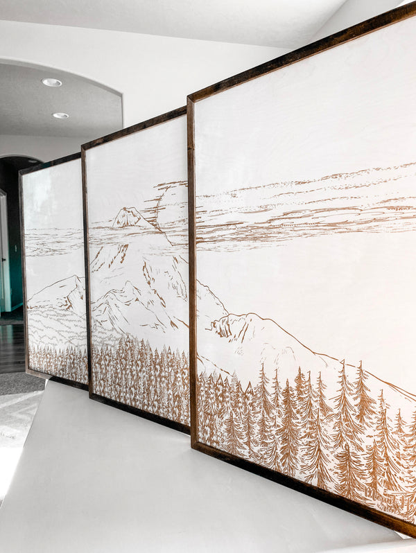 Mount Hood Hand Sketched Three Piece Wooden Artwork Set