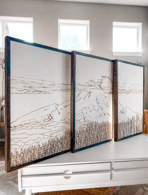 Mount Hood Hand Sketched Three Piece Wooden Artwork Set