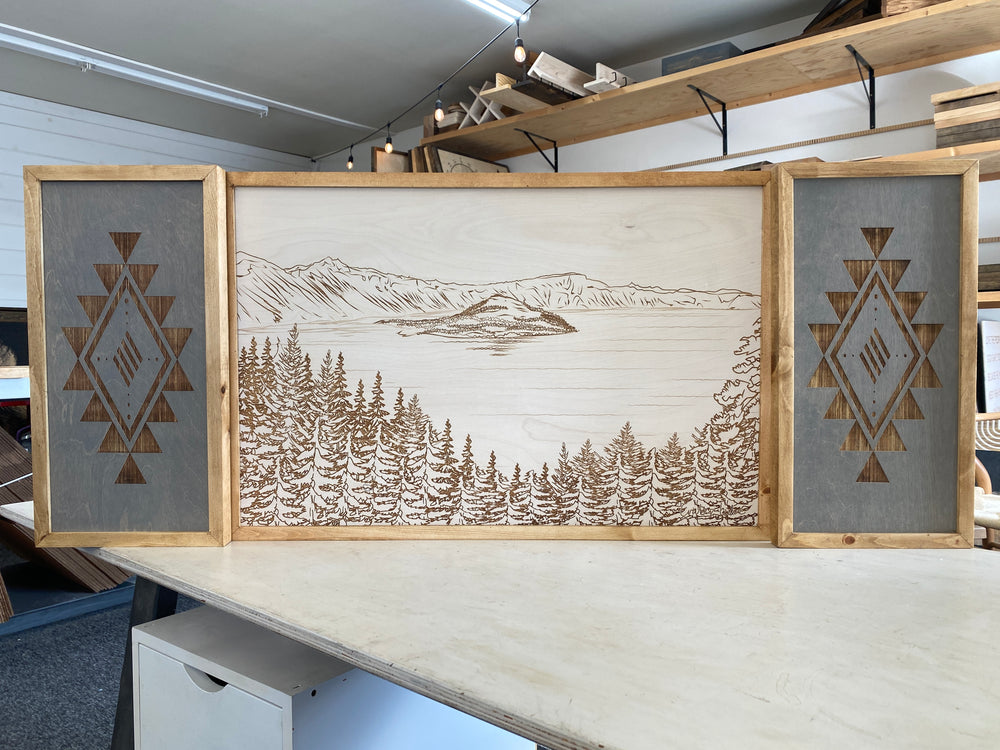 3 Piece Hand Sketched Crater Lake Wood Artwork with Aztec Diamond