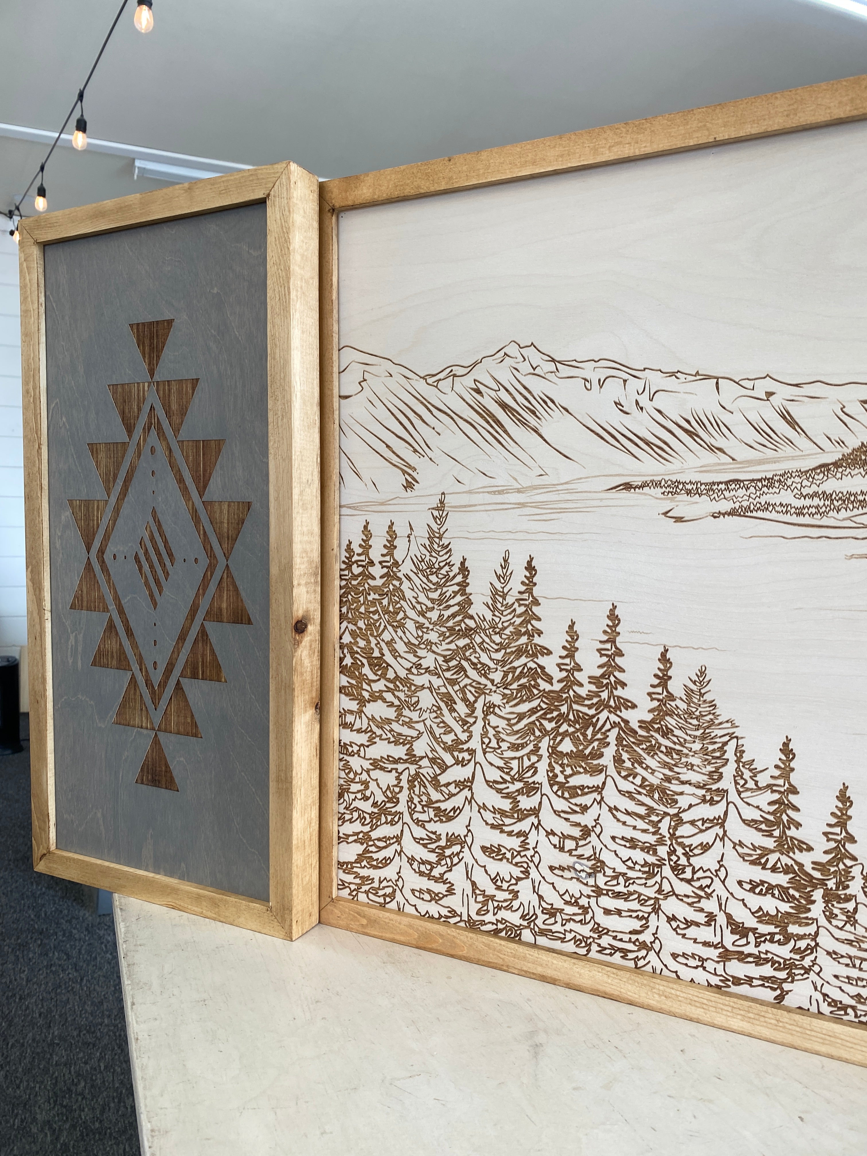 3 Piece Hand Sketched Crater Lake Wood Artwork with Aztec Diamond
