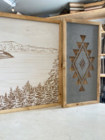 Load image into Gallery viewer, 3 Piece Hand Sketched Crater Lake Wood Artwork with Aztec Diamond
