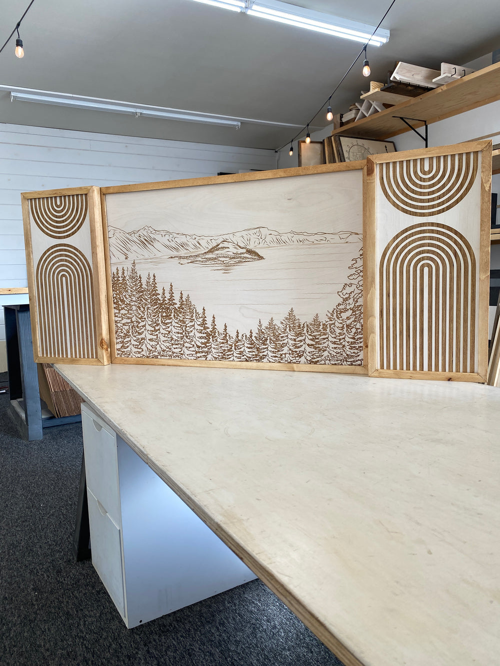 3 Piece Hand Sketched Crater Lake Wood Artwork with Boho