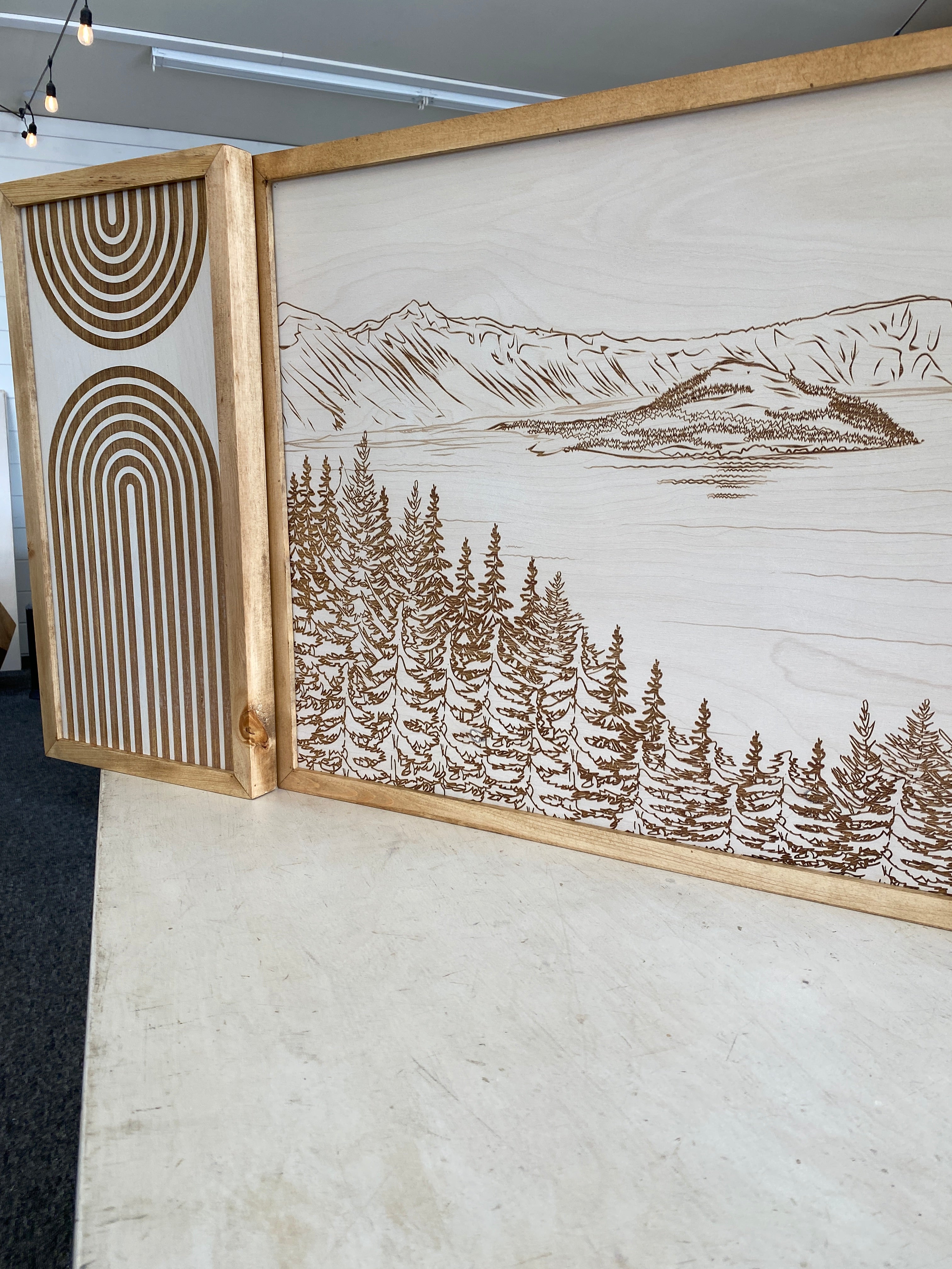 3 Piece Hand Sketched Crater Lake Wood Artwork with Boho