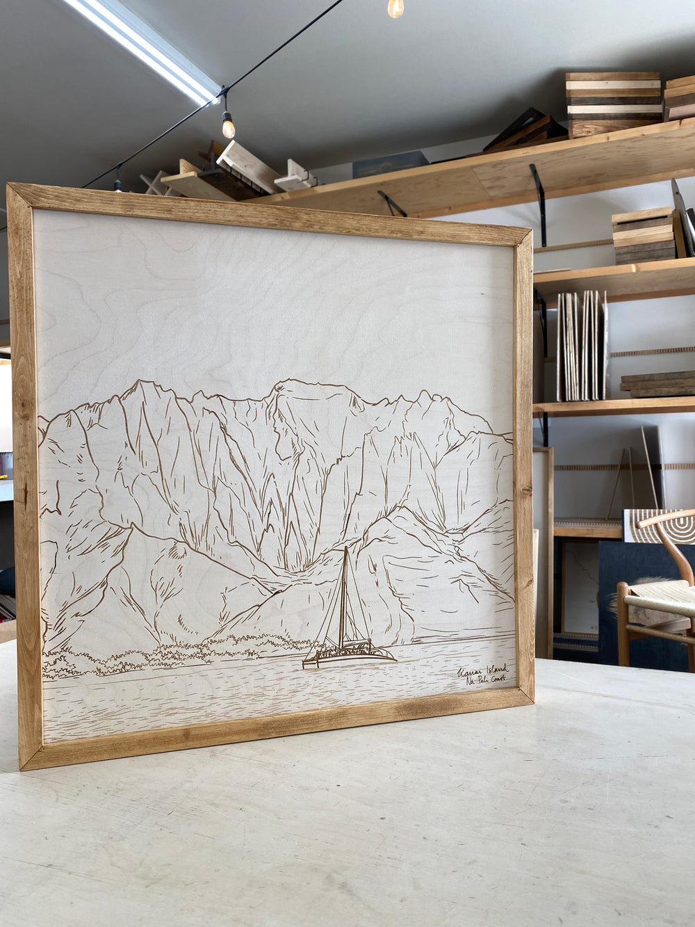 Hand Sketched Kawaii Island Na Pali Coast Square Wood Artwork
