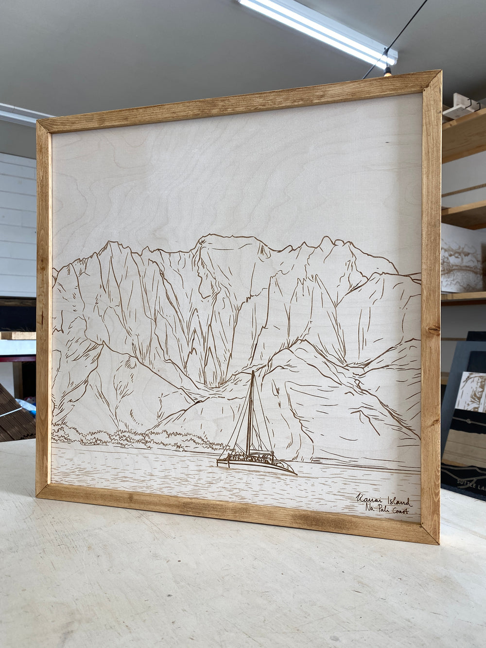 Hand Sketched Kawaii Island Na Pali Coast Square Wood Artwork