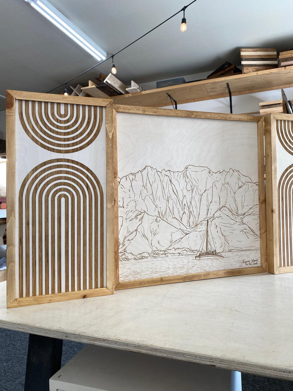 3 Piece Set Hand Sketched Kawaii Island Na Pali Coast Square With Boho Wood Artwork