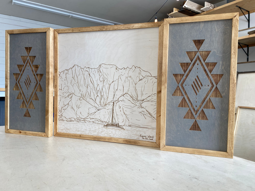 3 Piece Set Hand Sketched Kawaii Island Na Pali Coast Square With Diamond Aztec Wood Artwork